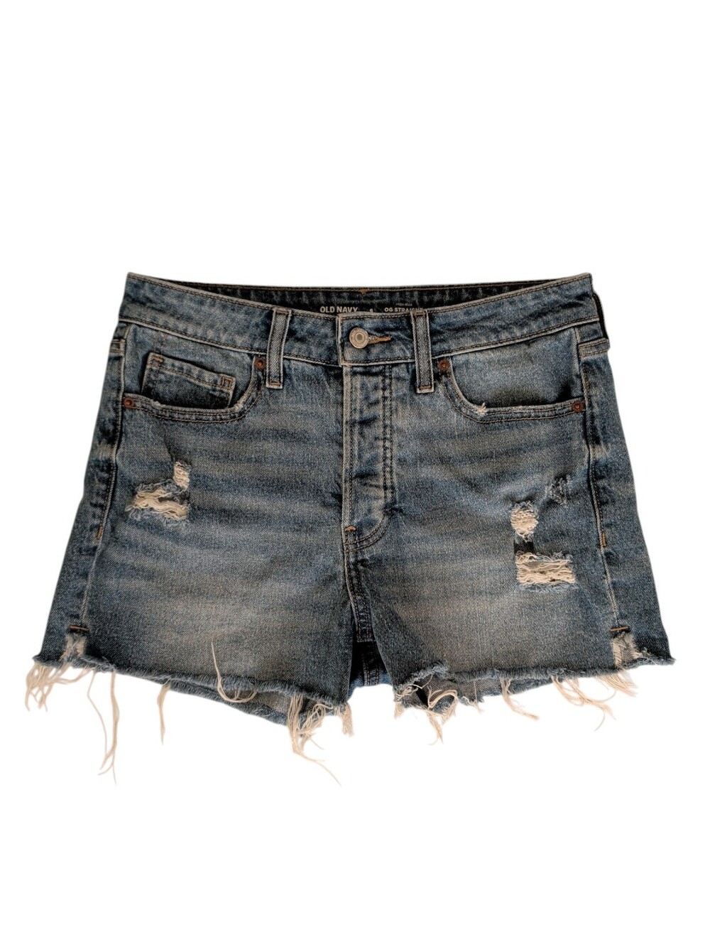Old Navy High Rise OG Straight Button Fly Ripped Jean Mom Shorts 6 Lila Wash
